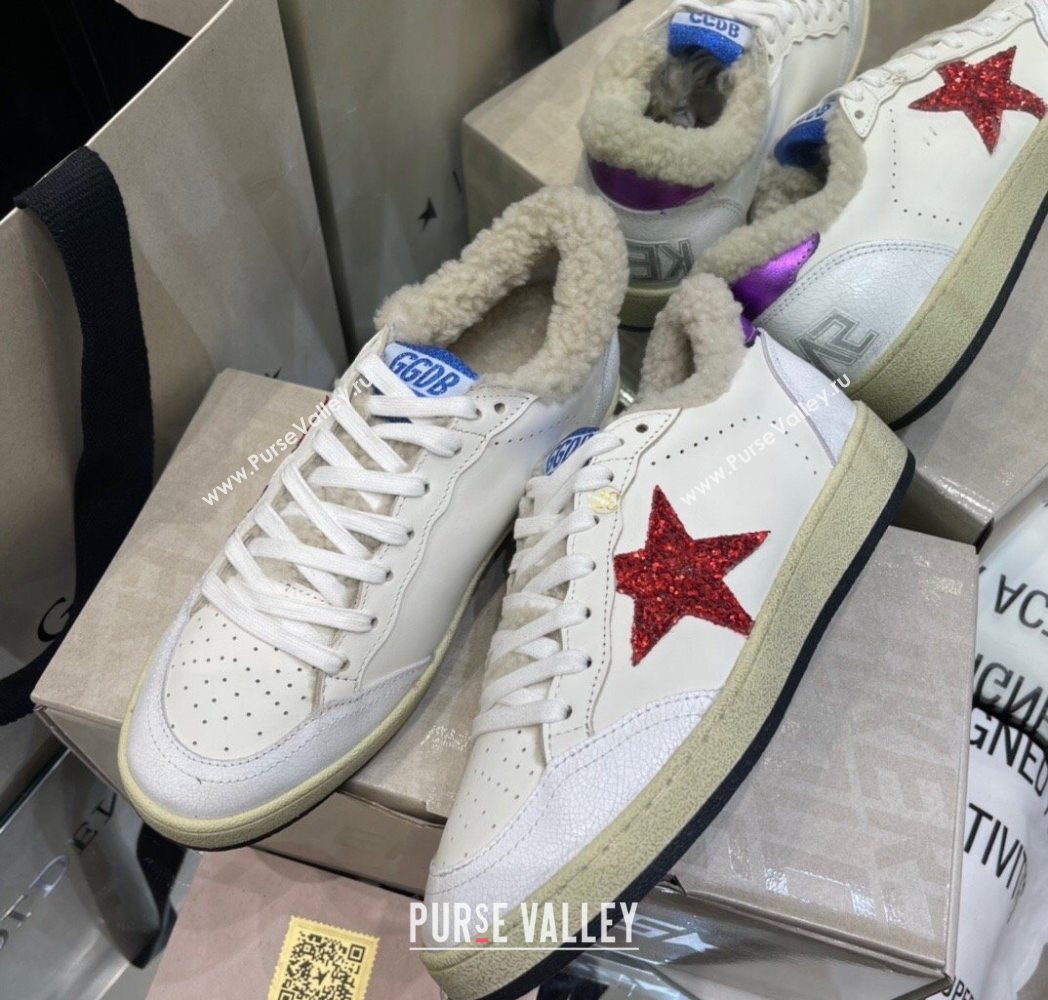 Golden Goose Womens Super-Star Sneakers in White Leather and Wool with Red Star 2025 GGDB103116 (MD-251031076)