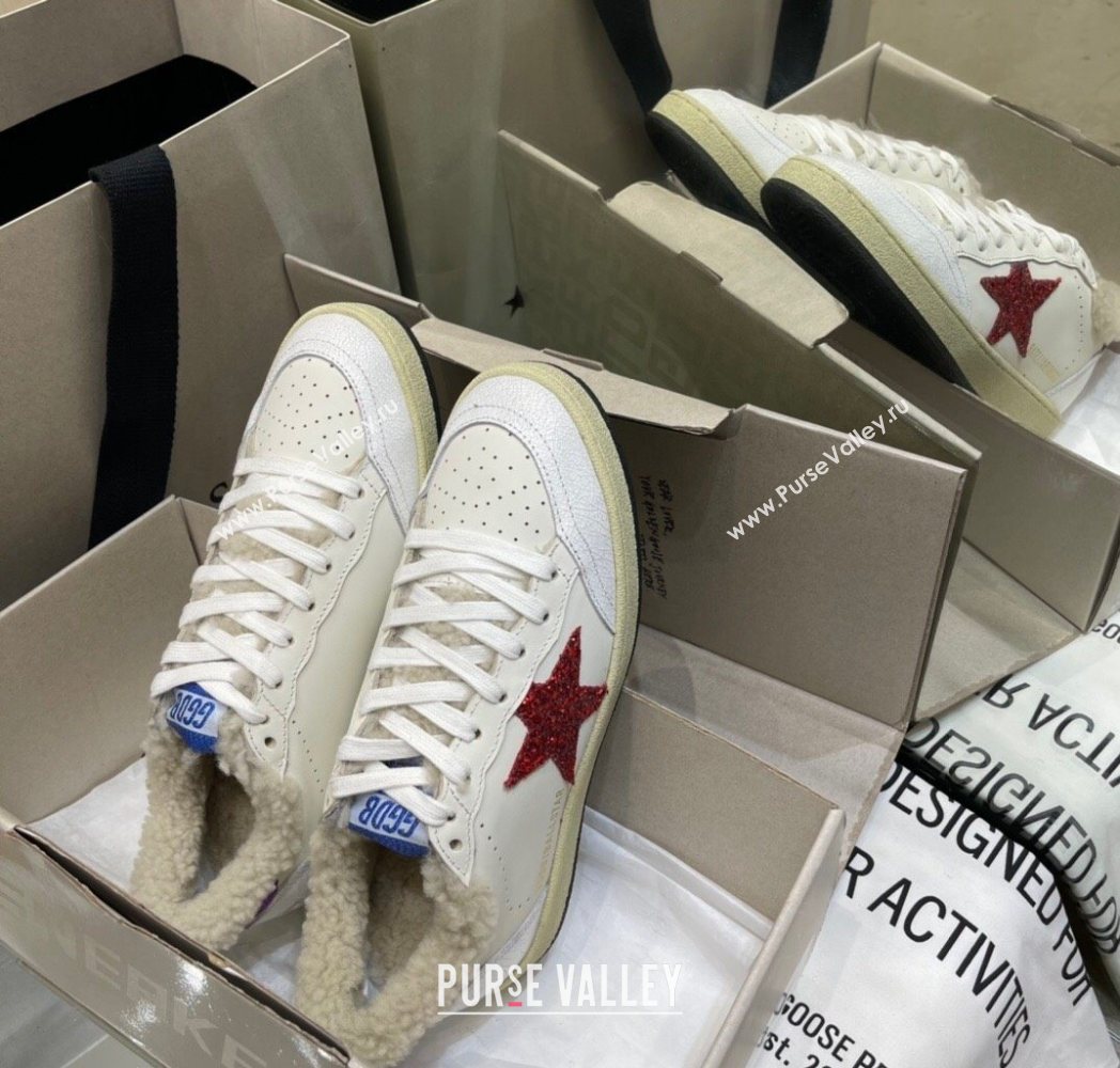 Golden Goose Womens Super-Star Sneakers in White Leather and Wool with Red Star 2025 GGDB103116 (MD-251031076)