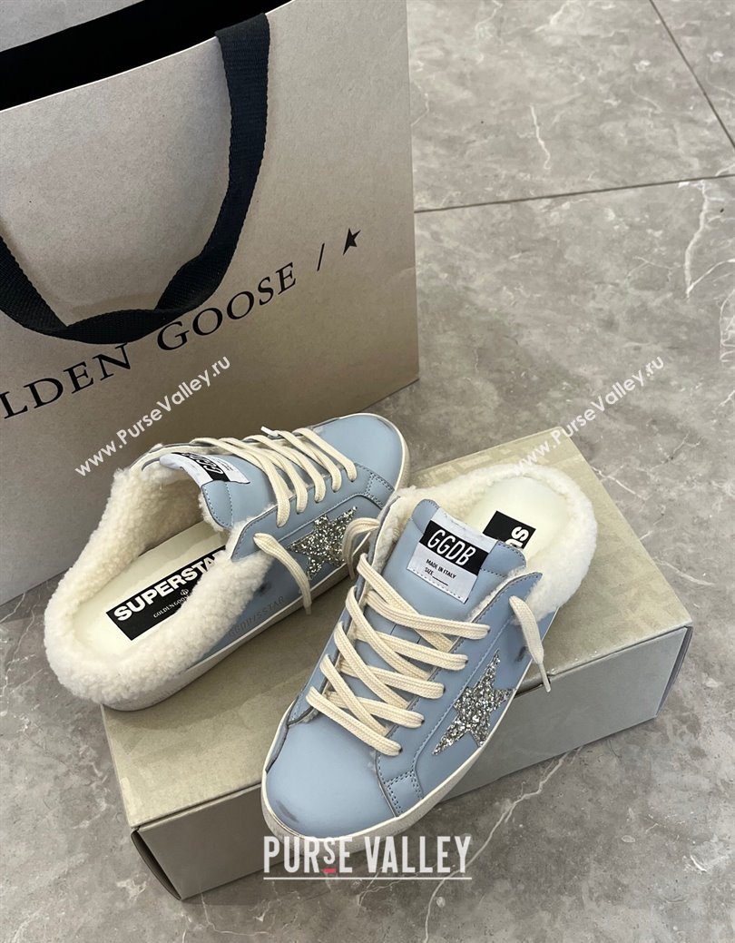 Golden Goose Womens Super-Star Sabots Sneaker in Blue Leather and Wool 2025 GGDB103101 (MD-251031057)