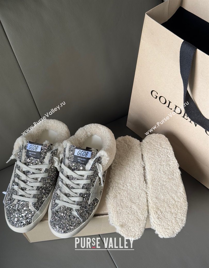 Golden Goose Womens Super-Star Sabots Sneaker in Silver Glitter and Wool 2025 GGDB103119 (MD-251031079)