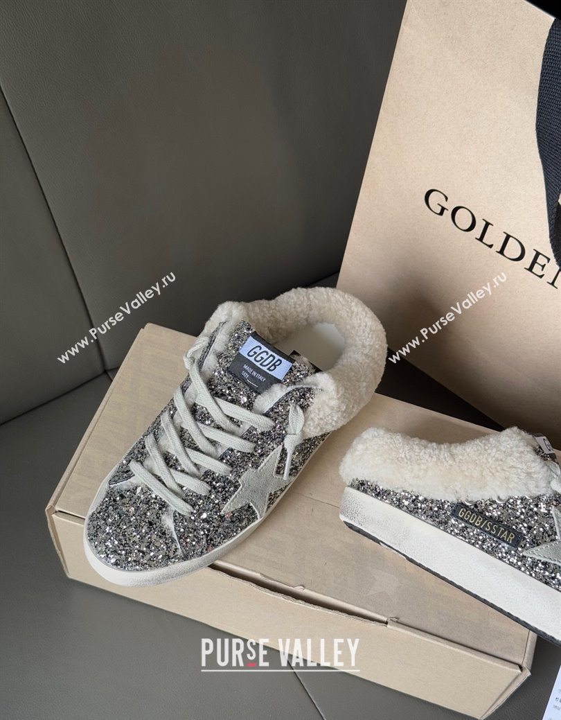 Golden Goose Womens Super-Star Sabots Sneaker in Silver Glitter and Wool 2025 GGDB103119 (MD-251031079)