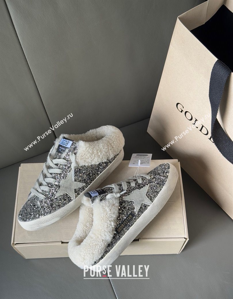 Golden Goose Womens Super-Star Sabots Sneaker in Silver Glitter and Wool 2025 GGDB103119 (MD-251031079)