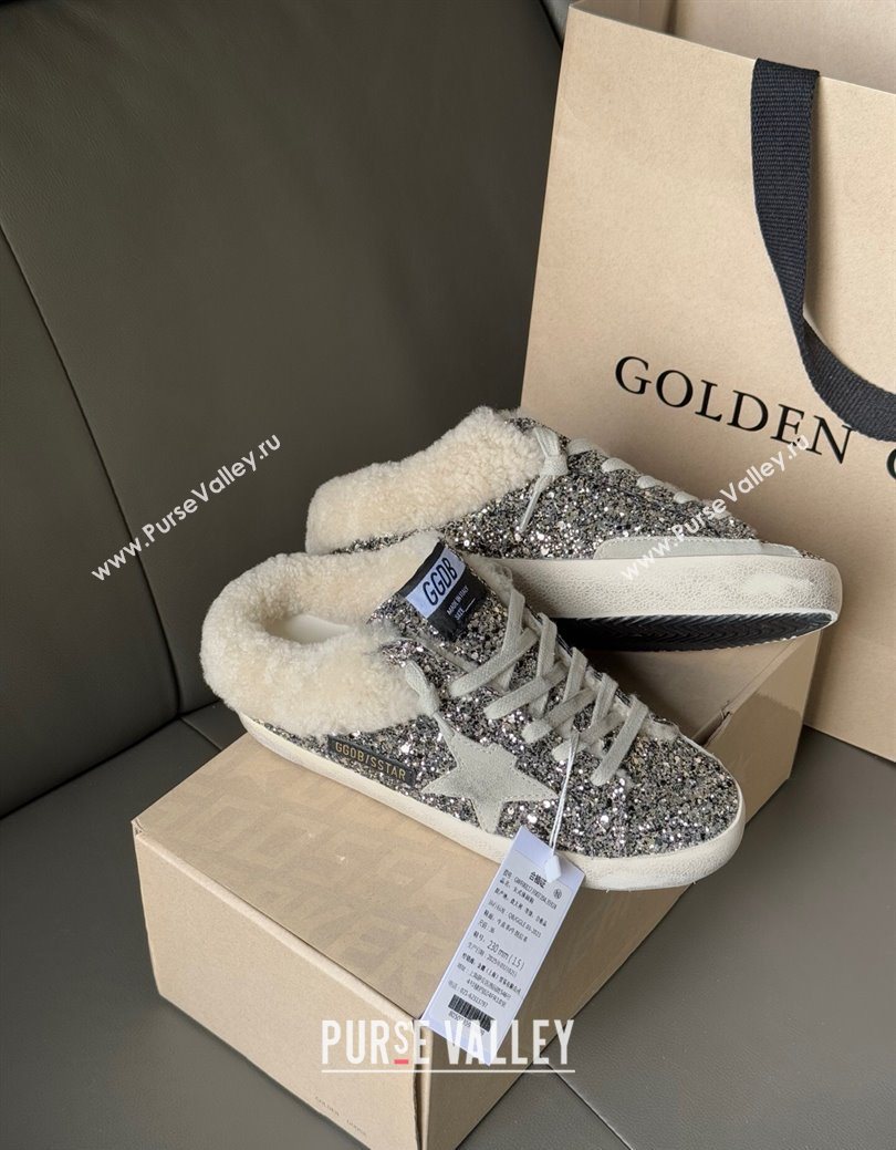 Golden Goose Womens Super-Star Sabots Sneaker in Silver Glitter and Wool 2025 GGDB103119 (MD-251031079)