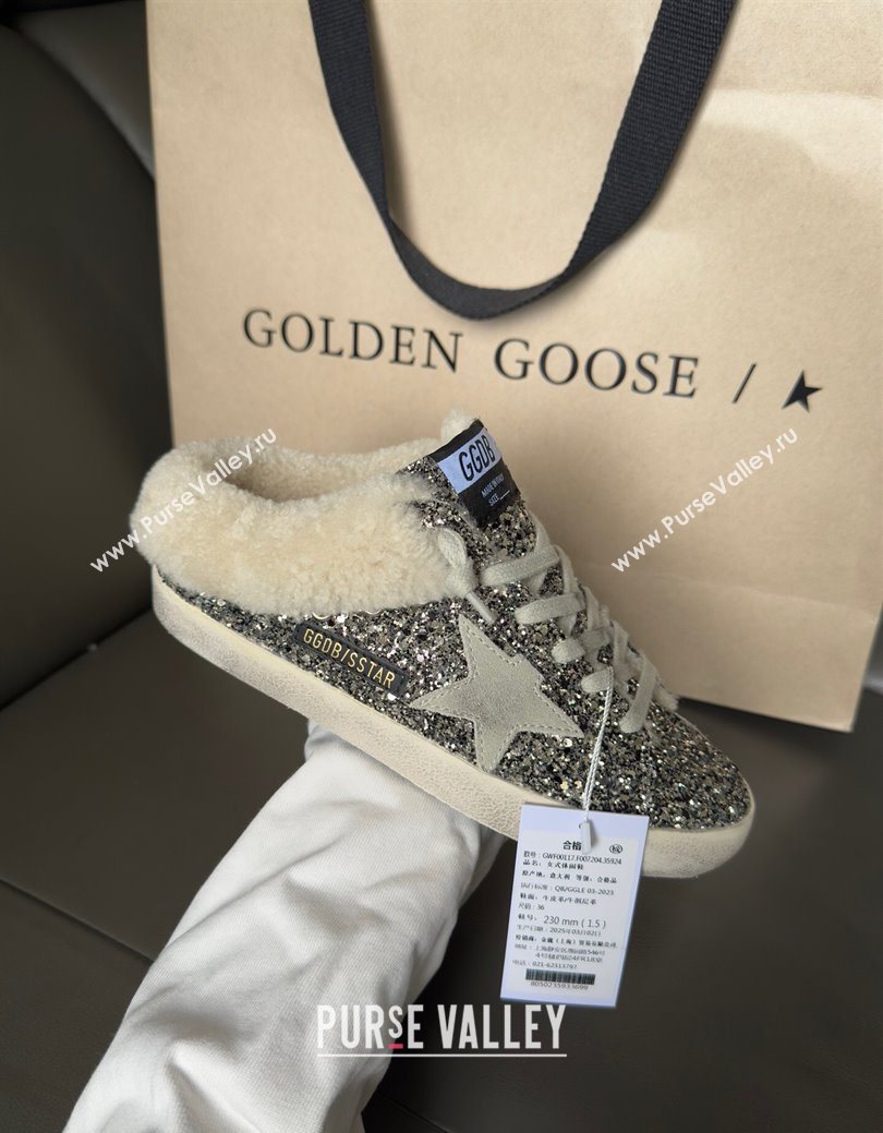 Golden Goose Womens Super-Star Sabots Sneaker in Silver Glitter and Wool 2025 GGDB103119 (MD-251031079)