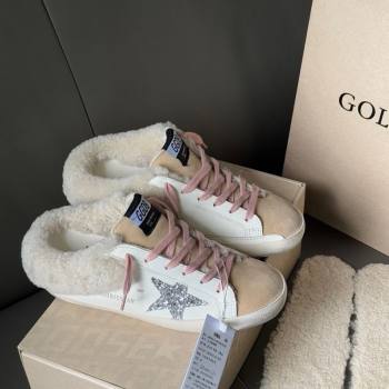 Golden Goose Womens Super-Star Sabots Sneaker in White Leather, Beige Suede and Wool 2025 GGDB103120 (MD-251031080)