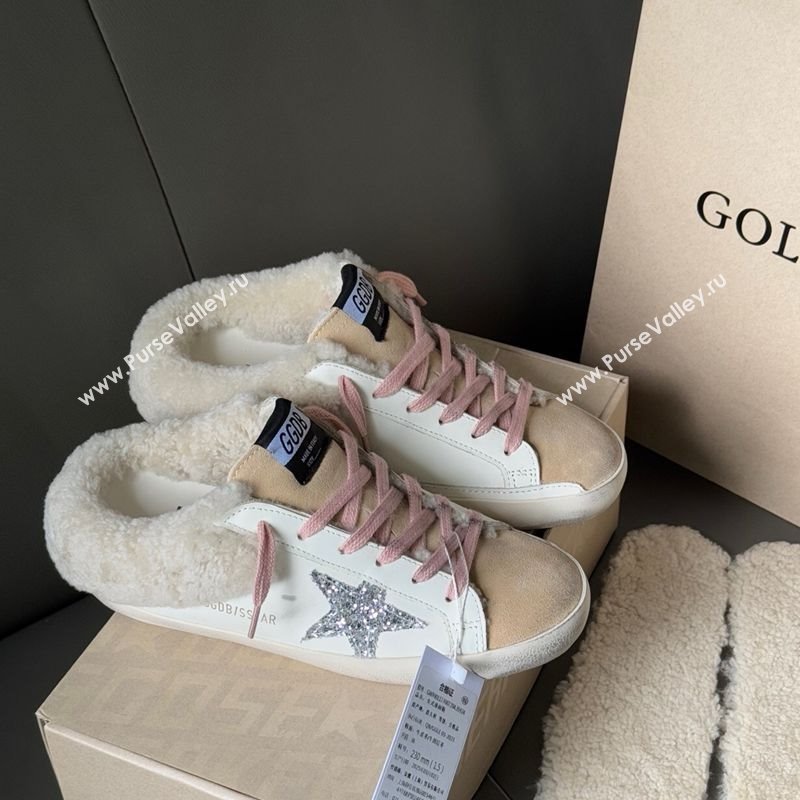 Golden Goose Womens Super-Star Sabots Sneaker in White Leather, Beige Suede and Wool 2025 GGDB103120 (MD-251031080)
