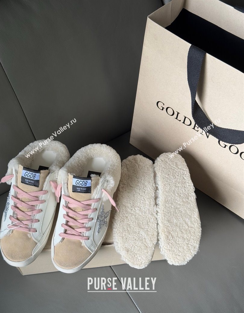 Golden Goose Womens Super-Star Sabots Sneaker in White Leather, Beige Suede and Wool 2025 GGDB103120 (MD-251031080)