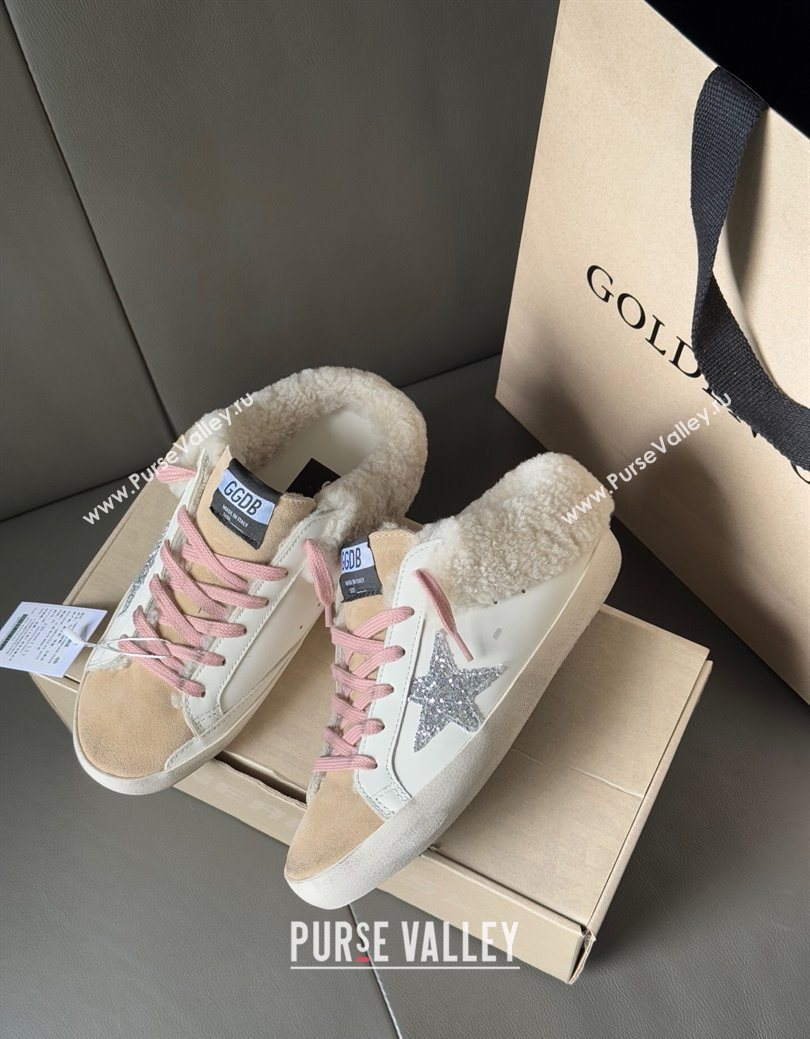 Golden Goose Womens Super-Star Sabots Sneaker in White Leather, Beige Suede and Wool 2025 GGDB103120 (MD-251031080)
