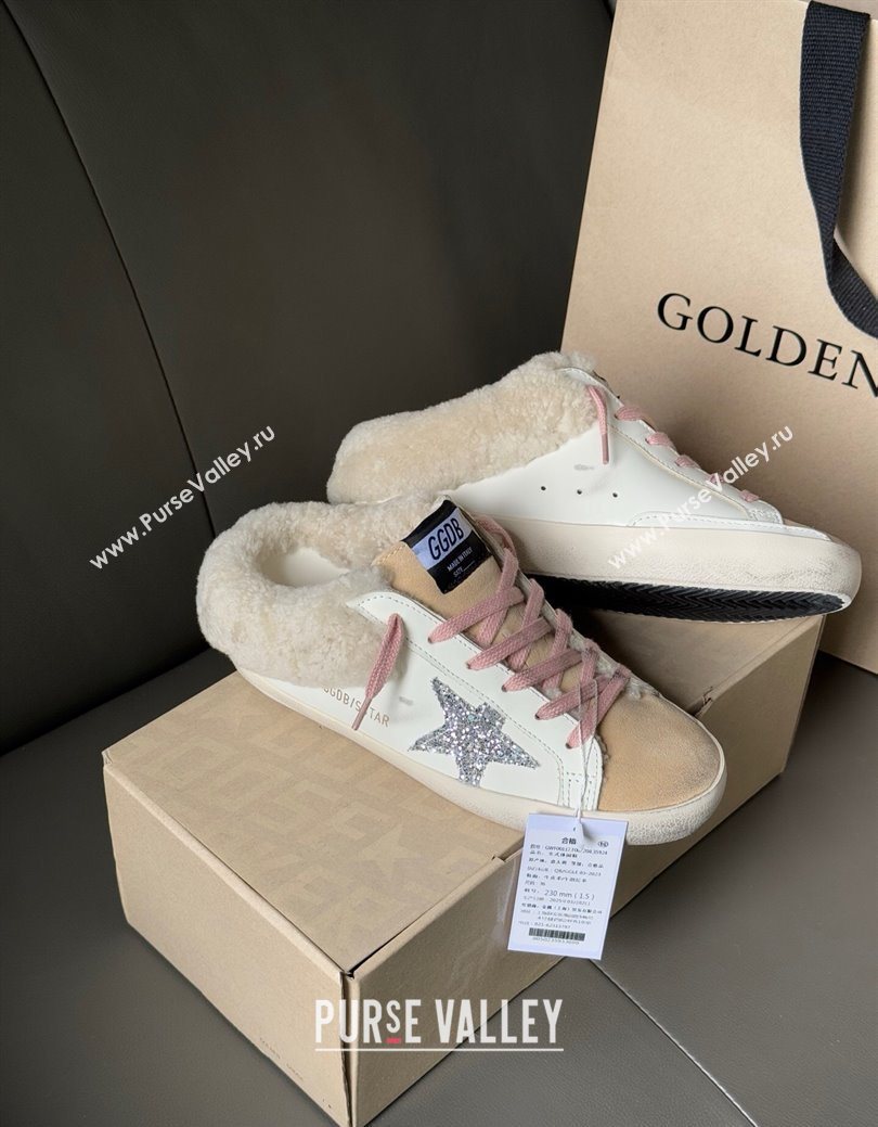 Golden Goose Womens Super-Star Sabots Sneaker in White Leather, Beige Suede and Wool 2025 GGDB103120 (MD-251031080)