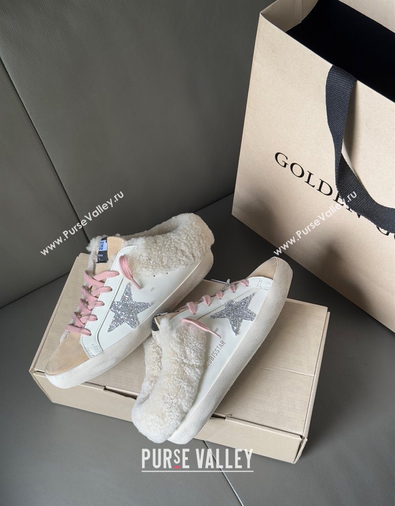Golden Goose Womens Super-Star Sabots Sneaker in White Leather, Beige Suede and Wool 2025 GGDB103120 (MD-251031080)
