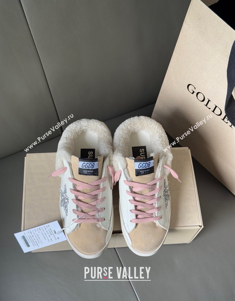 Golden Goose Womens Super-Star Sabots Sneaker in White Leather, Beige Suede and Wool 2025 GGDB103120 (MD-251031080)
