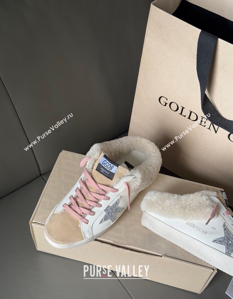 Golden Goose Womens Super-Star Sabots Sneaker in White Leather, Beige Suede and Wool 2025 GGDB103120 (MD-251031080)