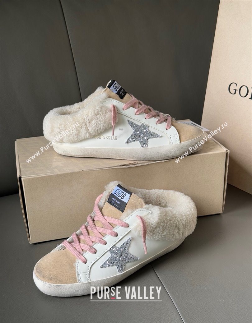 Golden Goose Womens Super-Star Sabots Sneaker in White Leather, Beige Suede and Wool 2025 GGDB103120 (MD-251031080)