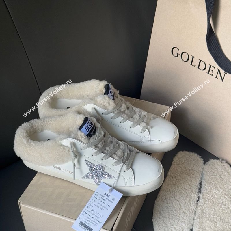 Golden Goose Womens Super-Star Sabots Sneaker in White Leather and Wool with Silver Glitter 2025 GGDB103121 (MD-251031081)