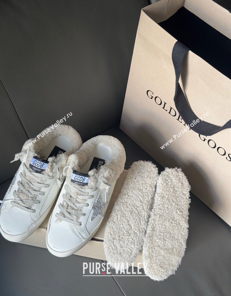 Golden Goose Womens Super-Star Sabots Sneaker in White Leather and Wool with Silver Glitter 2025 GGDB103121 (MD-251031081)