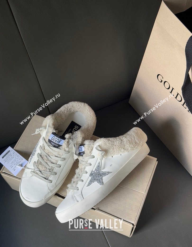 Golden Goose Womens Super-Star Sabots Sneaker in White Leather and Wool with Silver Glitter 2025 GGDB103121 (MD-251031081)