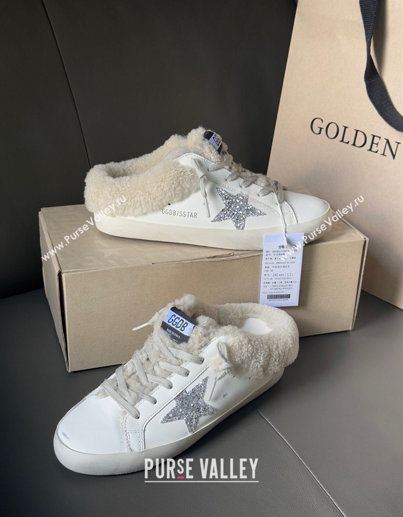 Golden Goose Womens Super-Star Sabots Sneaker in White Leather and Wool with Silver Glitter 2025 GGDB103121 (MD-251031081)