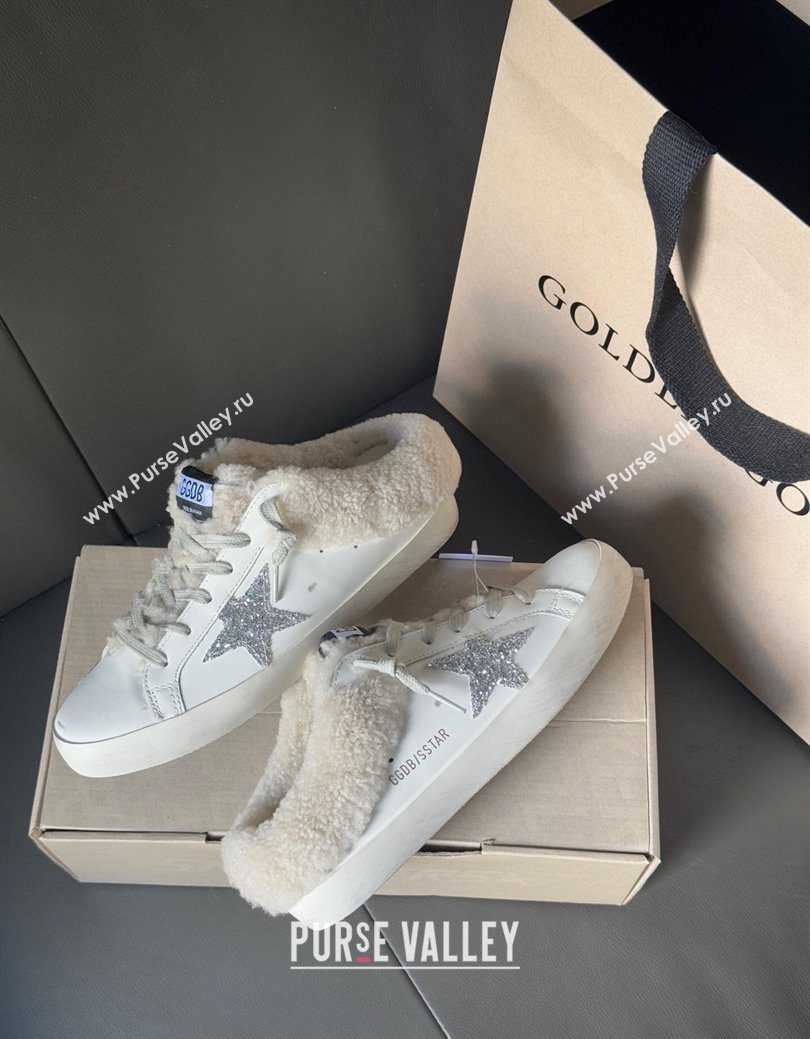 Golden Goose Womens Super-Star Sabots Sneaker in White Leather and Wool with Silver Glitter 2025 GGDB103121 (MD-251031081)