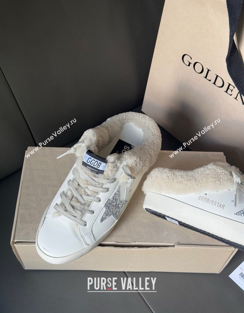 Golden Goose Womens Super-Star Sabots Sneaker in White Leather and Wool with Silver Glitter 2025 GGDB103121 (MD-251031081)