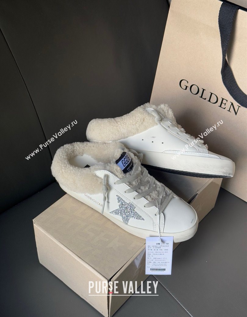 Golden Goose Womens Super-Star Sabots Sneaker in White Leather and Wool with Silver Glitter 2025 GGDB103121 (MD-251031081)