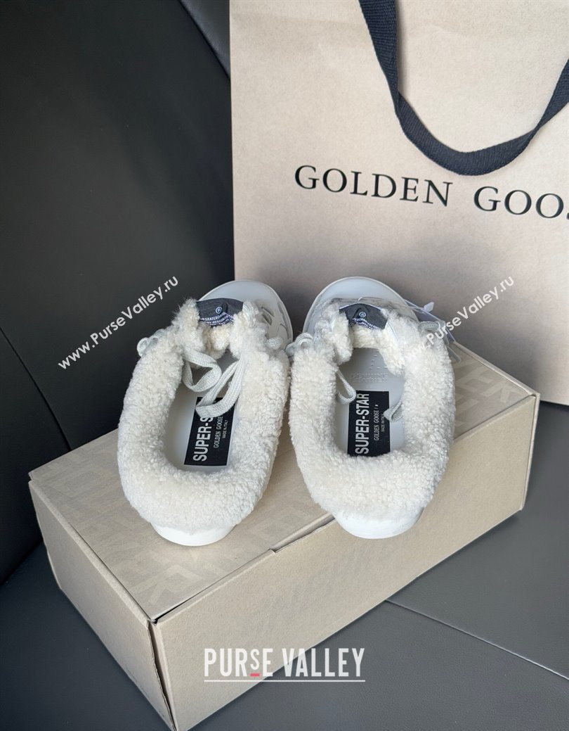 Golden Goose Womens Super-Star Sabots Sneaker in White Leather and Wool with Silver Glitter 2025 GGDB103121 (MD-251031081)