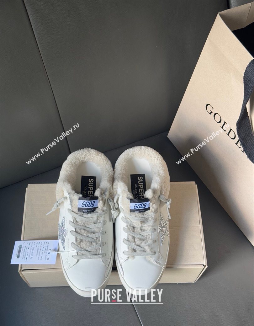 Golden Goose Womens Super-Star Sabots Sneaker in White Leather and Wool with Silver Glitter 2025 GGDB103121 (MD-251031081)