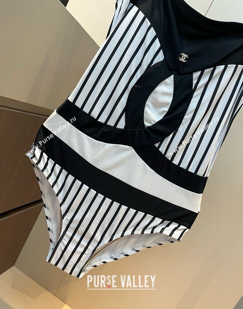 Chanel One-Piece Swimwear with Stripes White/Black 2025 0313 (WM-250313089)