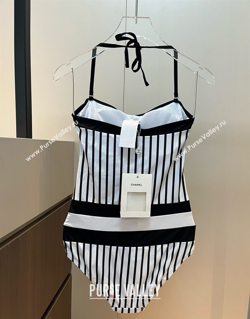 Chanel One-Piece Swimwear with Stripes White/Black 2025 0313 (WM-250313089)