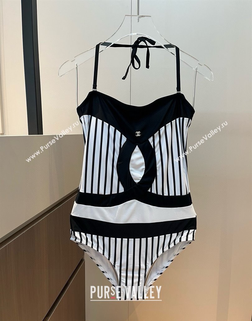 Chanel One-Piece Swimwear with Stripes White/Black 2025 0313 (WM-250313089)