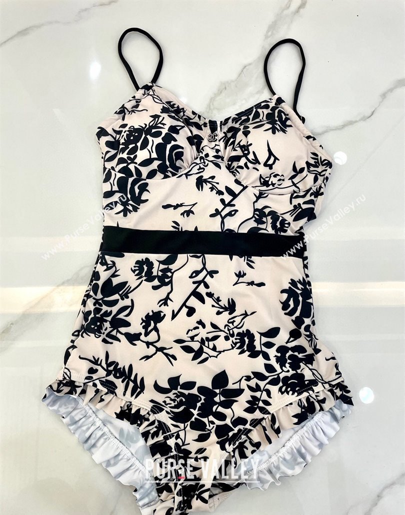 Chanel Printed One-Piece Swimwear White/Black 2025 0313 (shi-250313004)