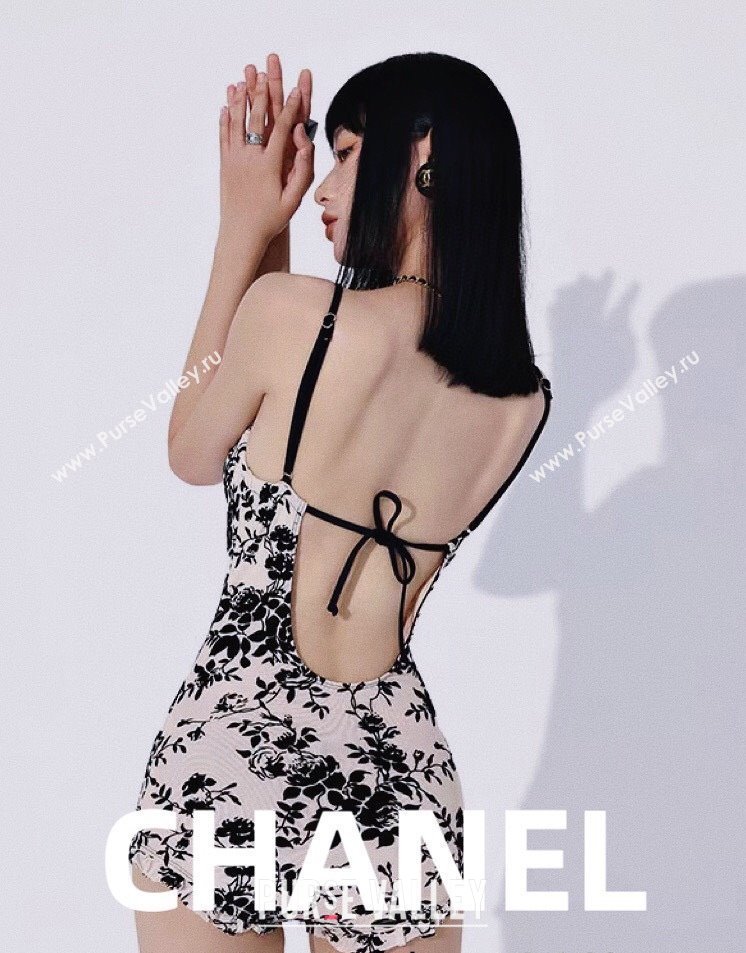 Chanel Printed One-Piece Swimwear White/Black 2025 0313 (shi-250313004)