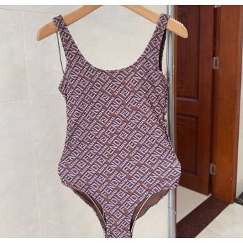 Fendi Logo Print One-Piece Swimwear Brown 2025 0313 (shi-250313008)