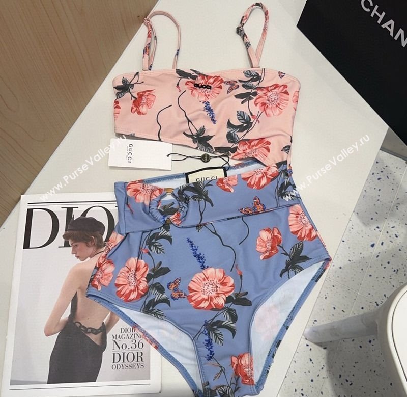 Gucci Flora Cutout One-Piece Swimwear Blue/Pink 2025 (SHI-250313120)