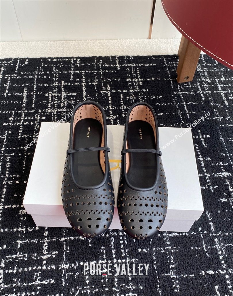 The Row Elastic Ballet Flat in Openwork Leather Black 2025 0604 (KL-250604088)