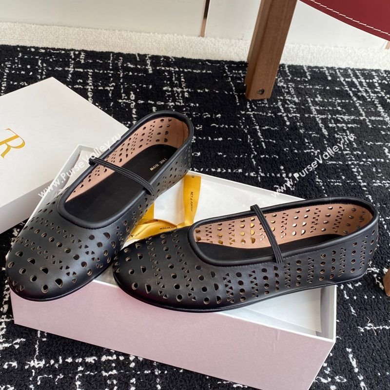 The Row Elastic Ballet Flat in Openwork Leather Black 2025 0604 (KL-250604088)