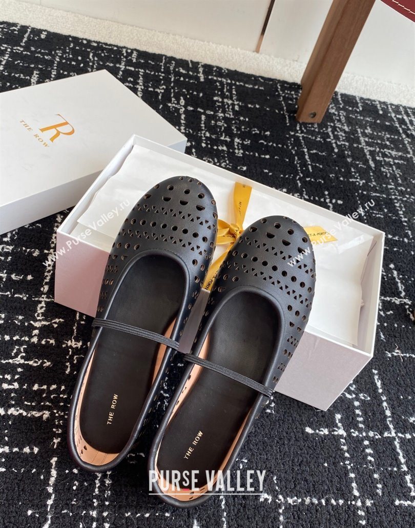 The Row Elastic Ballet Flat in Openwork Leather Black 2025 0604 (KL-250604088)
