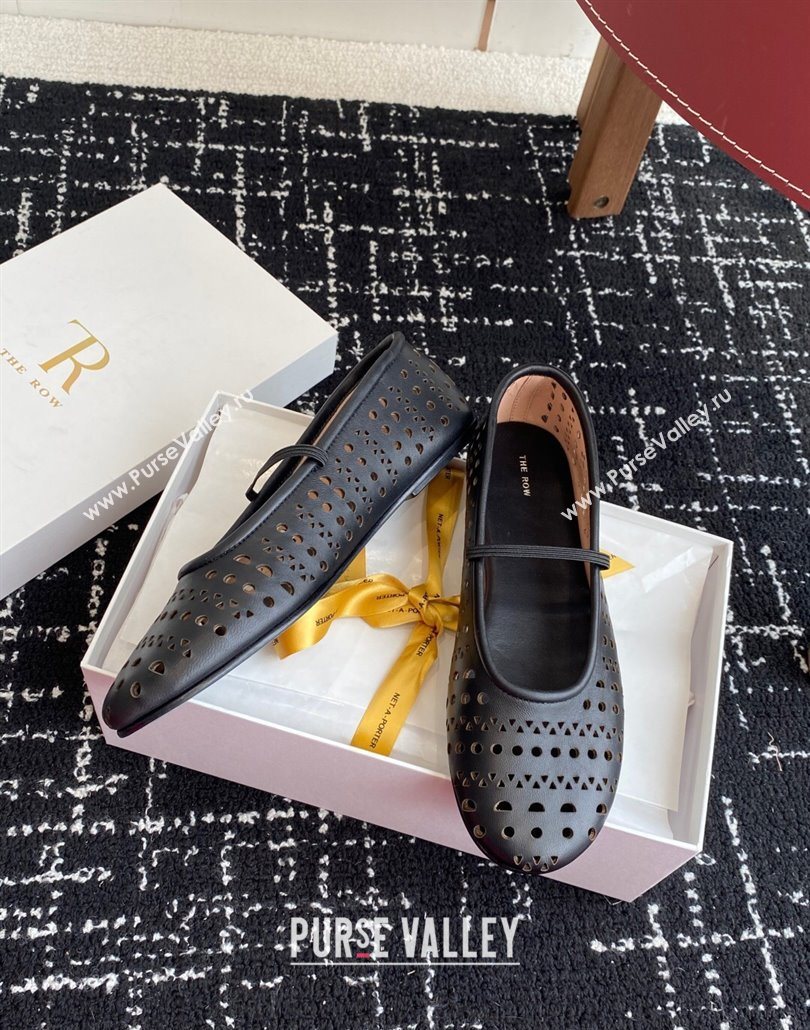 The Row Elastic Ballet Flat in Openwork Leather Black 2025 0604 (KL-250604088)