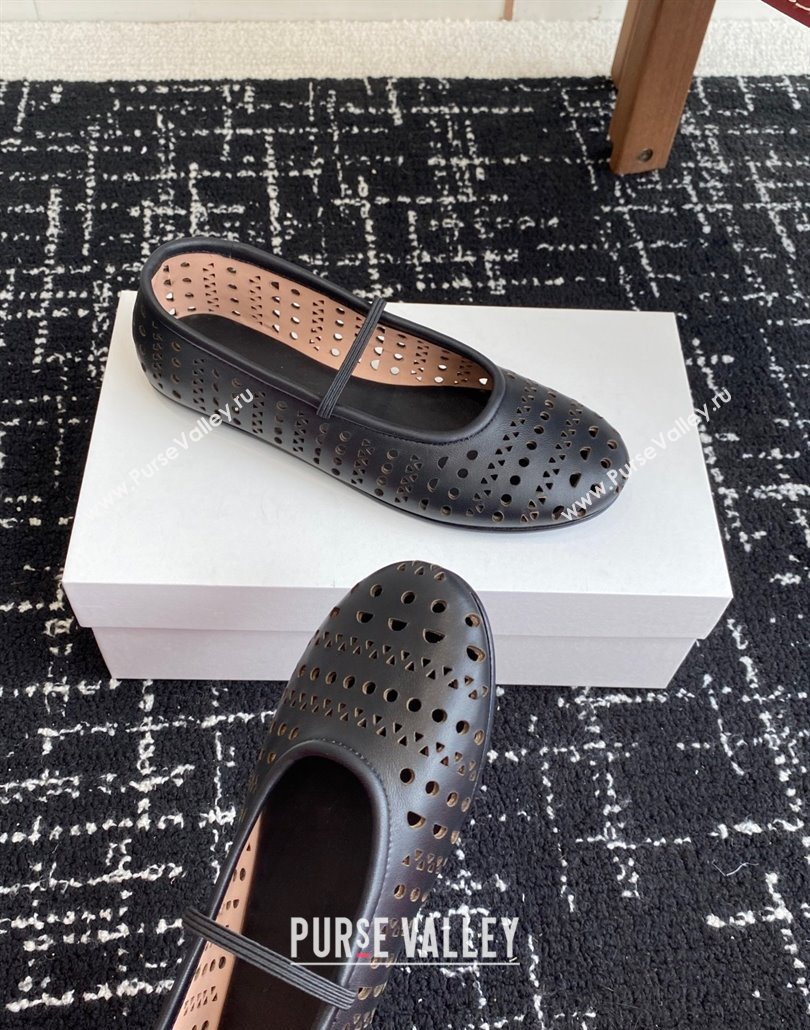 The Row Elastic Ballet Flat in Openwork Leather Black 2025 0604 (KL-250604088)