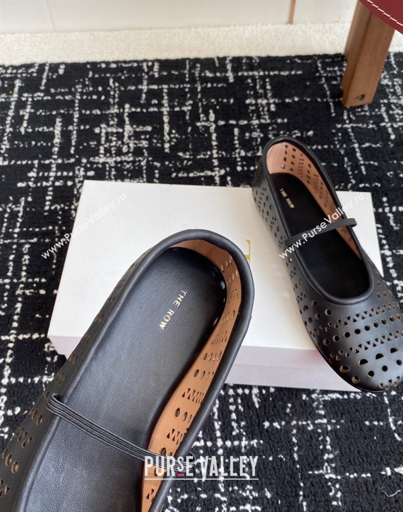 The Row Elastic Ballet Flat in Openwork Leather Black 2025 0604 (KL-250604088)