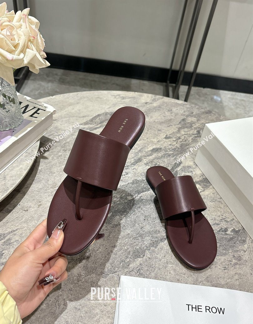 The Row Signum Flat Thong Slides Sandal in Calfskin Dark Burgundy 2025 TR082704 (HQG-250827033)