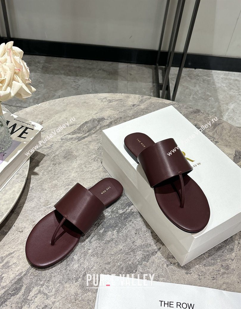 The Row Signum Flat Thong Slides Sandal in Calfskin Dark Burgundy 2025 TR082704 (HQG-250827033)
