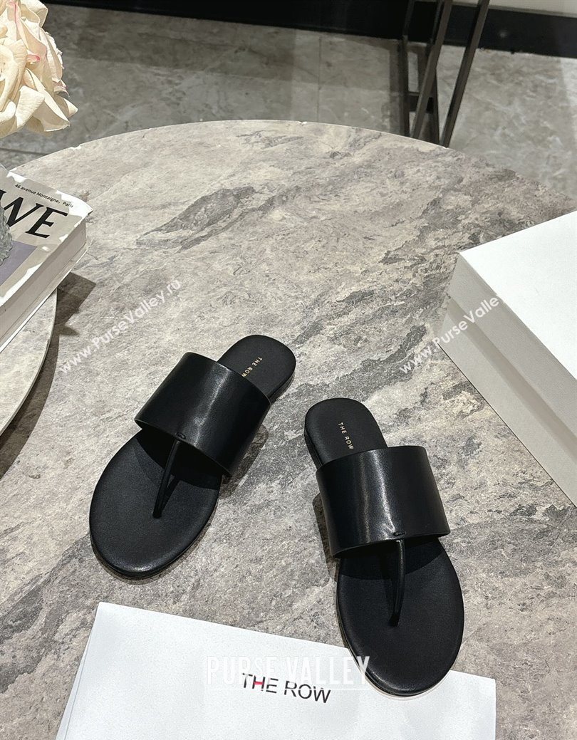 The Row Signum Flat Thong Slides Sandal in Calfskin Black 2025 TR082704 (HQG-250827034)