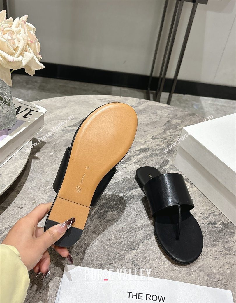 The Row Signum Flat Thong Slides Sandal in Calfskin Black 2025 TR082704 (HQG-250827034)