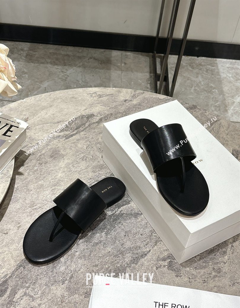 The Row Signum Flat Thong Slides Sandal in Calfskin Black 2025 TR082704 (HQG-250827034)