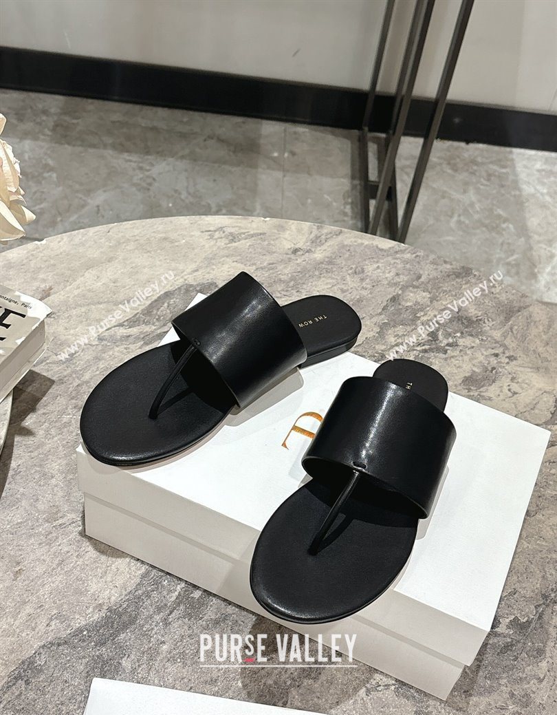 The Row Signum Flat Thong Slides Sandal in Calfskin Black 2025 TR082704 (HQG-250827034)