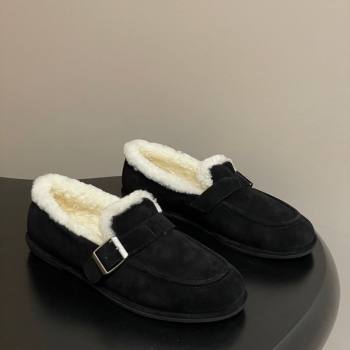 The Row Suede and Wool Flat Loafers with Buckle Black 2025 TR120805 (MD-251208085)