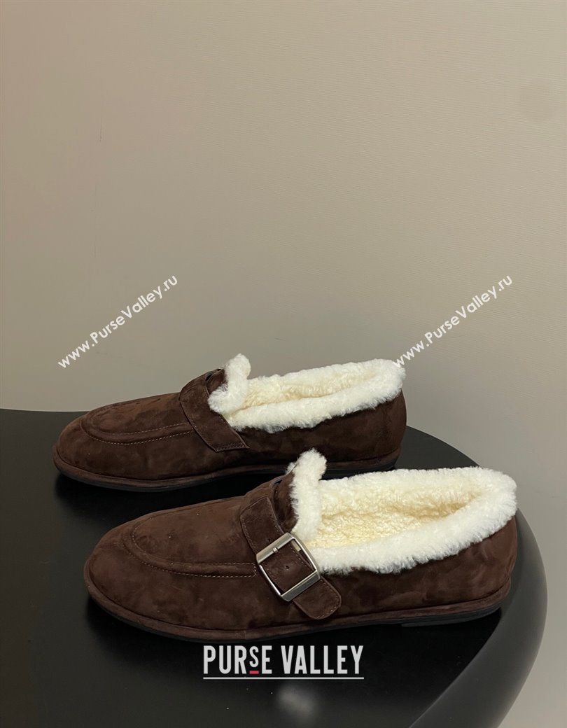 The Row Suede and Wool Flat Loafers with Buckle Brown 2025 TR120805 (MD-251208087)