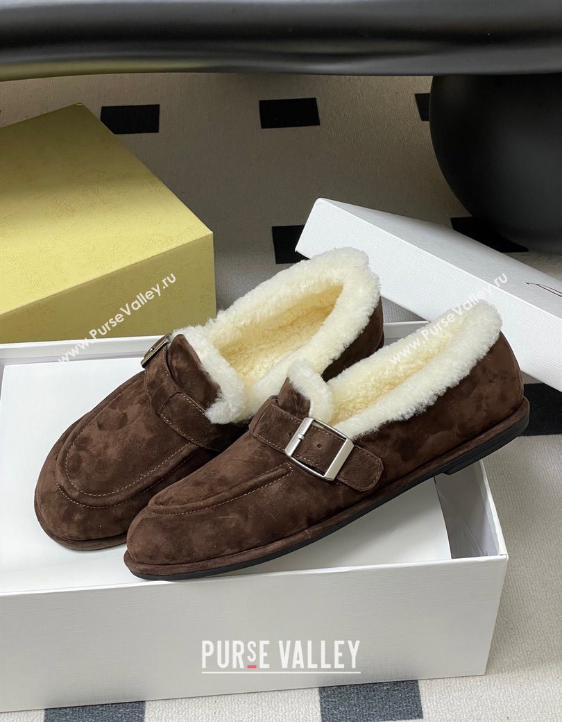 The Row Suede and Wool Flat Loafers with Buckle Brown 2025 TR120805 (MD-251208087)