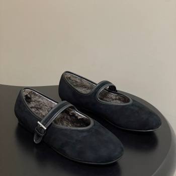The Row Suede and Rabbit Fur Mary Janes Ballet Flats Black 2025 TR120806 (MD-251208088)