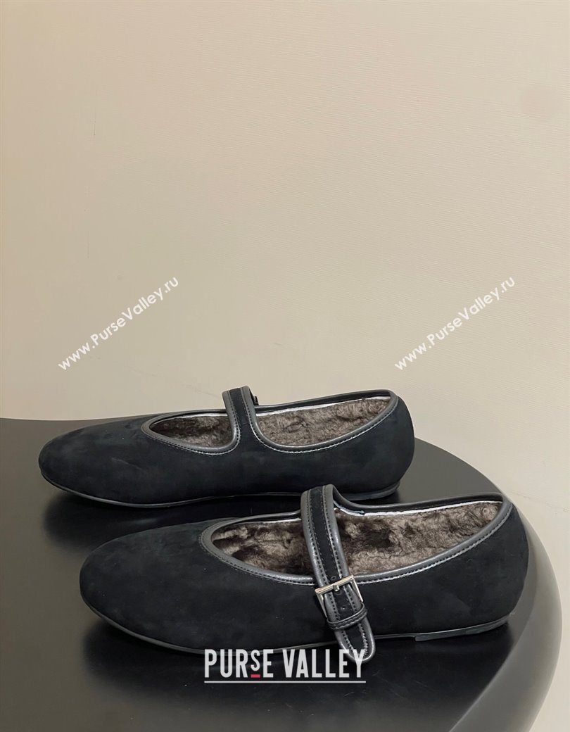 The Row Suede and Rabbit Fur Mary Janes Ballet Flats Black 2025 TR120806 (MD-251208088)